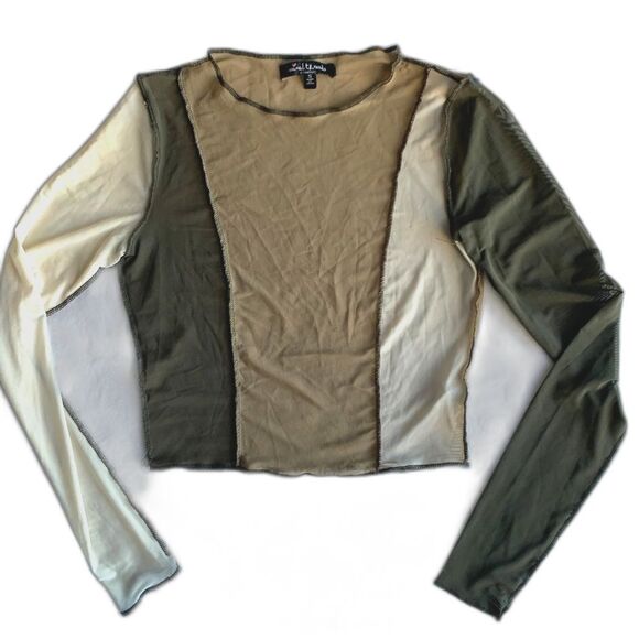 Mixed Threads Los Angeles Topstitched Brown Long Sleeve Colorblock Crop … - Picture 1 of 9